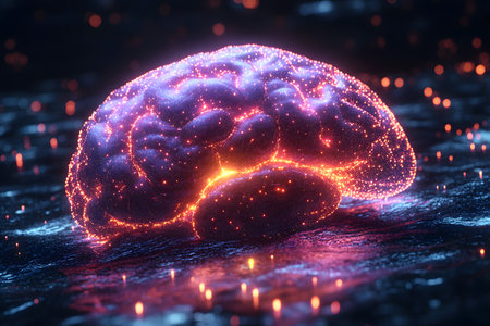 Futuristic brain model glowing with neon lights against a dark background, illustrating concepts of artificial intelligence, neural networks, and technology. dynamic energy and innovation are visually represented through vivid, luminescent pathways. Generative AIの素材
