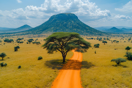 A breathtaking view of an african savanna featuring a solitary tree along a vibrant red dirt road. the expansive landscape is dotted with scattered trees leading to a distant mountain range under a cloudy sky. Generative AIの素材