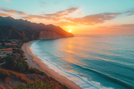 Coastal landscape featuring a tranquil beach at sunset, with the sun setting over the horizon. gentle waves lap against the shore, while mountains provide a serene backdrop. warm hues light up the sky, creating a peaceful atmosphere. Generative AIの素材