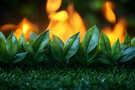 Lush green leaves arranged along the bottom of the frame contrast vividly against a warm, fiery backdrop. the scene embodies a concept of growth, nature, and the dynamic interplay of opposing elements, ideal for design inspiration. Generative AIの素材