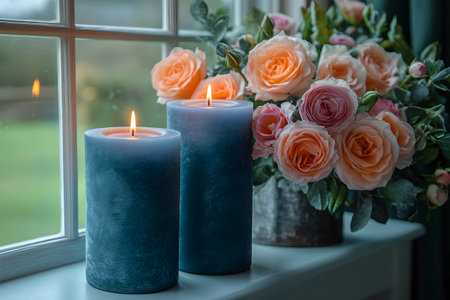 A serene scene of two lit blue candles next to a bouquet of peach and pink roses on a windowsill. the soft candlelight and delicate flowers create a peaceful, romantic atmosphere, perfect for elegant home decor. Generative AIの素材