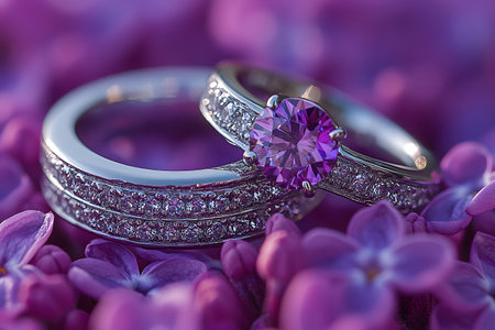 Silver engagement rings feature a striking purple gemstone centerpiece surrounded by delicate, shimmering diamonds. nestled among vibrant purple flowers, the scene embodies elegance and romance, ideal for bridal themes and luxury jewelry promotions. Generative AIの素材
