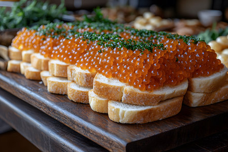 Slices of rustic bread generously topped with vibrant salmon roe and garnished with fresh herbs, creating a luxurious and visually appealing appetizer. perfect for elegant dining, culinary events, or gourmet food imagery. Generative AIの素材
