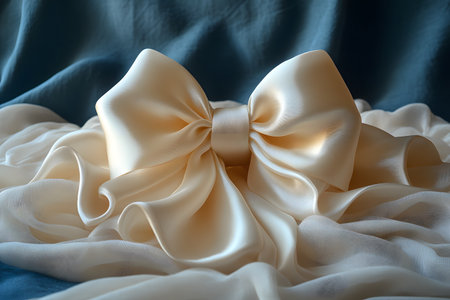 Luxurious satin bow positioned gracefully on delicate, flowing fabric. ideal for elegant event decorations or sophisticated gift wrapping. the smooth textures and soft lighting elevate the aesthetic appeal. Generative AIの素材