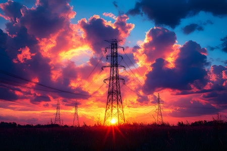 Stunning silhouette of transmission towers against a breathtaking sunset sky with vibrant clouds. highlights the intersection of natural beauty and industrial infrastructure, ideal for energy and nature-themed visuals. Generative AIの素材