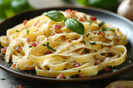 Fettuccine carbonara elegantly presented, featuring creamy pasta strands adorned with crispy pancetta and garnished with fresh basil and parsley. a classic italian dish, rich in flavor and perfect for gourmet dining experiences. Generative AIの素材