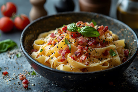 Bowl of tagliatelle pasta topped with diced bacon, fresh basil leaves, and cracked black pepper. background includes tomatoes and pepper mills, perfect for culinary-themed designs, menus, or cookbooks. Generative AIの素材