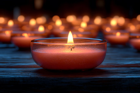 Orange candles casting a warm glow create an atmosphere of peace and tranquility, ideal for meditation, relaxation, or contemplative settings. the flickering light provides a soothing ambiance, enhancing mindfulness and calm. Generative AIの素材