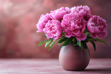Pink peonies beautifully arranged in a vase against a soft, textured background. the vibrant flowers and delicate petals create a classic yet fresh look, perfect for enhancing home decor and floral designs. Generative AIの素材