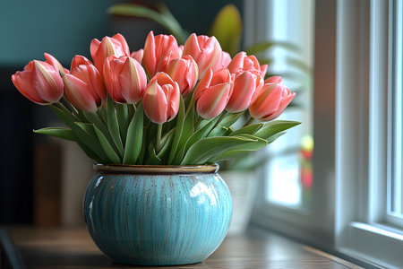 Vibrant pink tulips gracefully arranged in a rustic blue ceramic vase sit by a sunlit window, creating a serene and inviting atmosphere. ideal for home decor themes focusing on floral elegance and natural beauty. Generative AIの素材