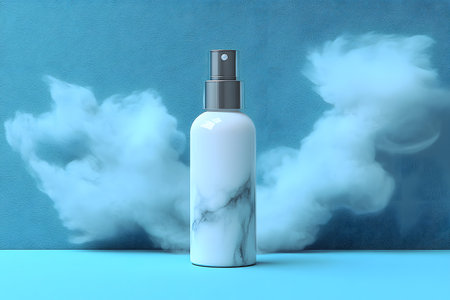A stylish spray bottle with a marble design is set against a blue background, emitting a soft cloud of mist. ideal for showcasing skincare products, cosmetics branding, or packaging design concepts. Generative AIの素材