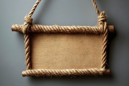A rectangular burlap sign bordered with thick rope, perfect for adding custom text or artwork. the textured surface and natural materials enhance a rustic aesthetic, ideal for crafting, home decor, or signage. Generative AIの素材