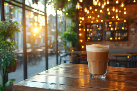 Cozy cafe scene featuring a glass of frothy coffee on a rustic wooden table. the warm, inviting ambiance is enhanced by glowing hanging lights and large windows letting in soft sunlight, creating a perfect spot for relaxation. Generative AIの素材