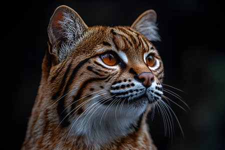 Portrait of a majestic wild cat with striking vivid orange eyes and a richly patterned fur coat set against a dark, blurred background. the sharp focus on facial details and natural lighting highlights its regal features. Generative AIの素材