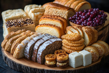 A diverse selection of freshly baked breads, pastries, biscuits, and a bowl of vibrant red grapes are artfully arranged on a rustic wooden platter, offering a visually appealing display for culinary presentations, bakery promotions, or food blogs. Generative AIの素材