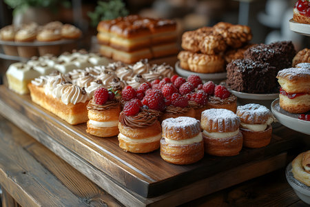 A tempting display of assorted pastries, featuring cream-filled delights topped with berries, powdered sugar, and chocolate. wooden platter adds a rustic charm, perfect for bakery promotions or culinary presentations. Generative AIの素材