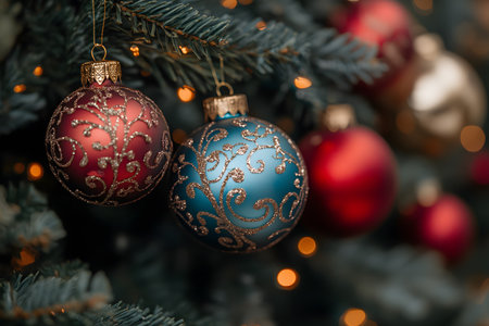 Elegant christmas baubles adorn a pine tree, featuring intricate golden patterns on rich red and blue ornaments. the blurred background of warm lights enhances the festive atmosphere, perfect for holiday designs and cards. Generative AIの素材