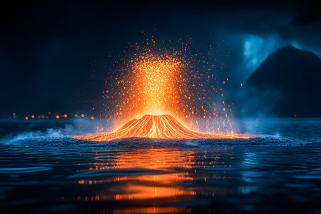 Dramatic scene of a volcanic eruption at night, showcasing vibrant molten lava and sparks against a dark landscape. the glowing lava illuminates the surrounding area, reflecting vividly on nearby water surfaces. Generative AIの素材