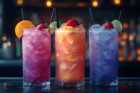 Three colorful cocktails sit on a dimly lit bar, each garnished with fresh fruit slices. the vibrant colors of the drinks include pink, orange, and purple, adding refreshing appeal, perfect for a summer night out or cocktail menu design. Generative AIの素材