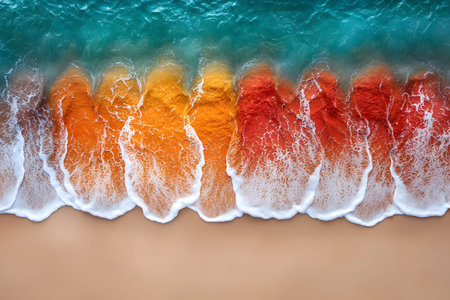 Vibrant ocean waves painted in stunning hues of orange and red meet the sandy shore, creating a mesmerizing gradient. the dynamic colors evoke a sense of movement and energy, transforming the natural scene into an abstract masterpiece. Generative AIの素材