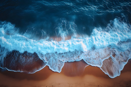 A stunning aerial shot captures waves breaking along a sandy beach. the vibrant blue of the ocean contrasts with the warm tones of the sand, creating a mesmerizing and dynamic coastal scene. Generative AIの素材