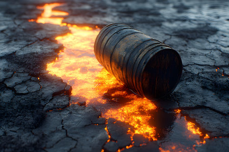 A rusted oil barrel rests on a cracked, lava-like surface, symbolizing environmental hazards and pollution. the vivid glow of molten ground emphasizes the dangers of industrial waste and ecological impact. Generative AIの素材
