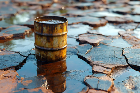 Rusty metal barrel on cracked earth symbolizes industrial pollution and environmental degradation. reflections in stagnant water emphasize climate change, scarcity, and global warming themes. Generative AIの素材