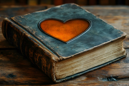 An antique book with a heart-shaped cutout rests on a rustic wooden table, symbolizing the connection between love and knowledge. the worn cover and pages evoke a sense of history and timeless wisdom. Generative AIの素材