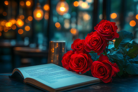 Open book beside a bouquet of red roses, set against a backdrop of warm, glowing lights. the dim, cozy atmosphere evokes a sense of romance and tranquility, perfect for themes of love and literature. Generative AIの素材