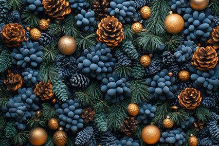 Vibrant arrangement featuring golden ornaments, blue and natural pinecones, and evergreen branches. a rich blend of textures and colors, providing a stylish backdrop for holiday decor and seasonal celebrations. Generative AIの素材