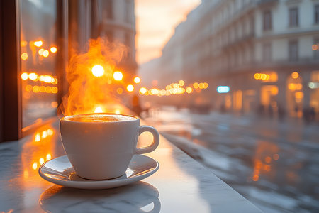 A steaming cup of coffee sits on a marble table in a cozy cafe , set against the backdrop of an early morning city street. the warm glow of sunrise creates a serene and inviting atmosphere, perfect for relaxation. Generative AIの素材