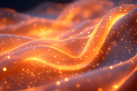 Dynamic waves of light flow in a mesmerizing pattern, illuminated by vibrant orange hues and adorned with shimmering particles. the abstract composition evokes a sense of energy and fluidity, ideal for artistic and design applications. Generative AIの素材