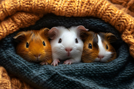 Three guinea pigs snuggle together under a warm knitted blanket. each pig has distinctive fur patterns, adding to their charm. the cozy setting creates a sense of warmth, comfort, and endearing companionship. Generative AIの素材