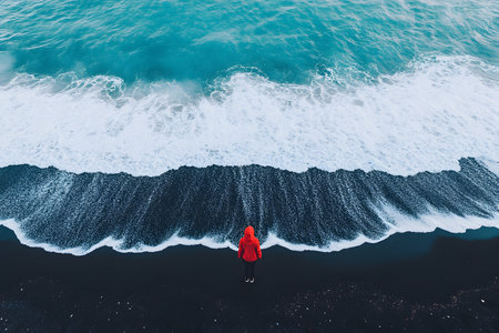 A lone figure in a red jacket stands on a striking black sand beach, facing the dynamic waves of the ocean. the vibrant contrast between the dark sand and the vivid teal water creates a captivating coastal scene. Generative AIの素材