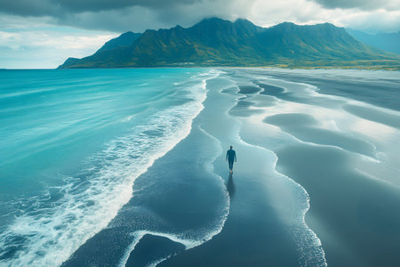A solitary figure walks along a pristine sandy beach, with turquoise waves gently lapping the shore. majestic mountains rise in the background under a cloudy sky, creating a serene and contemplative scene emphasizing nature's beauty. Generative AIの素材