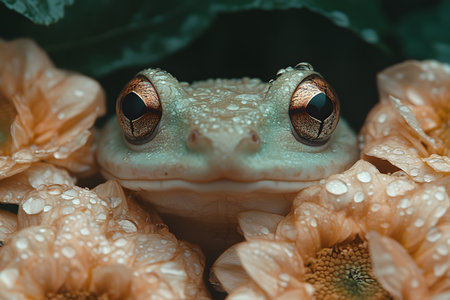 Close-up of a frog nestled among dew-covered flowers, capturing the essence of a serene garden setting. the detailed focus on the frog's eyes and the delicate petals emphasizes tranquility and natural beauty. Generative AIの素材