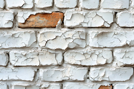 A close-up view of an aged brick wall with peeling white paint reveals textured surfaces and exposed red bricks. the weathered appearance adds a rustic, vintage charm ideal for design projects and backgrounds. Generative AIの素材