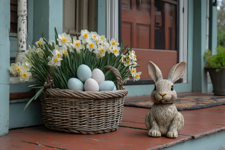 A charming easter display on a porch featuring a wicker basket filled with daffodils and pastel eggs, complemented by a detailed bunny sculpture. the rustic wooden porch provides a cozy and inviting atmosphere. Generative AIの素材