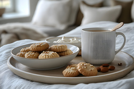 A peaceful morning scene featuring a wooden tray holding a warm cup of coffee and a plate of freshly baked cookies. set on a cozy bed, the arrangement exudes comfort and relaxation, perfect for a restful breakfast in bed moment. Generative AIの素材