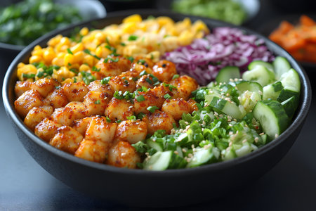 A colorful and nutritious power bowl featuring spicy shrimp, fresh cucumbers, corn, red cabbage, and chopped scallions, creating a vibrant and healthy meal option that combines flavors and textures for a balanced diet. Generative AIの素材