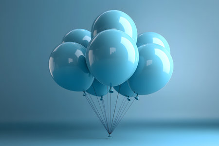 A cluster of glossy, light blue balloons hovers against a matching blue background, creating a minimalist and serene atmosphere. ideal for party invitations, decor inspiration, or festive designs. Generative AIの素材