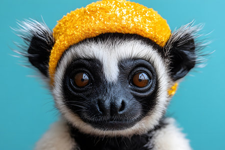 A charming lemur wearing a vibrant yellow hat stands out against a solid blue background. the combination of bright colors and the lemur's expressive eyes creates a playful and whimsical scene, ideal for creative, fun design projects. Generative AIの素材