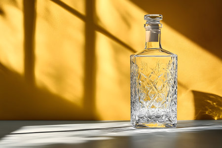 A sophisticated crystal decanter is illuminated by sunlight against a vibrant yellow backdrop. the intricate design and play of shadows create a luxurious and modern aesthetic suitable for decor inspiration. Generative AIの素材