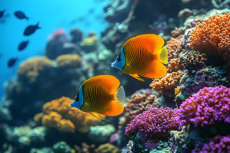 A colorful underwater scene featuring two tropical fish swimming among vivid coral reefs. the vibrant hues of the fish and corals create a stunning visual contrast against the deep blue ocean backdrop, showcasing marine biodiversity. Generative AIの素材