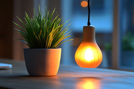 Warm ambient lighting creates a cozy atmosphere with a glowing bulb and a vibrant potted plant on a wooden table. the minimalist modern decor complements natural materials and soft tones, enhancing interior design aesthetics. Generative AIの素材