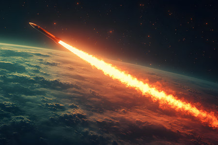 A powerful rocket ascends into space, leaving a vivid fiery trail against the backdrop of a dark, star-filled sky. the curvature of earth is visible, illuminated by atmospheric glow, creating a dynamic and awe-inspiring scene. Generative AIの素材