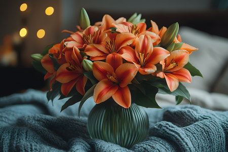 A lush bouquet of vibrant orange lilies arranged in a stylish glass vase rests atop a textured knit blanket. soft ambient lighting and a blurred background evoke a warm, cozy atmosphere, ideal for home or lifestyle themes. Generative AIの素材