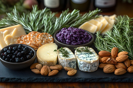 A luxurious cheese and nut platter featuring an assortment of gourmet cheeses, crackers, and almonds, beautifully arranged with sprigs of fresh rosemary. the elegant presentation enhances its appeal for culinary events or sophisticated gatherings. Generative AIの素材
