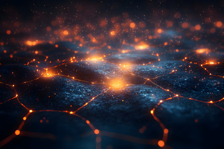 Abstract representation of a digital network with glowing orange nodes interconnected across a dark, textured surface. the image conveys futuristic technology themes, ideal for use in tech-related designs or digital media projects. Generative AIの素材