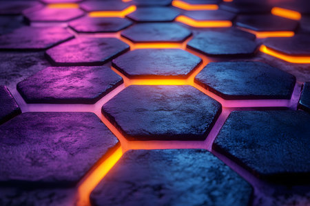 A visually striking futuristic background featuring glowing neon hexagons in shades of purple and orange. the metallic surface and vibrant lighting create a dynamic and modern tech-inspired aesthetic perfect for digital design projects. Generative AIの素材